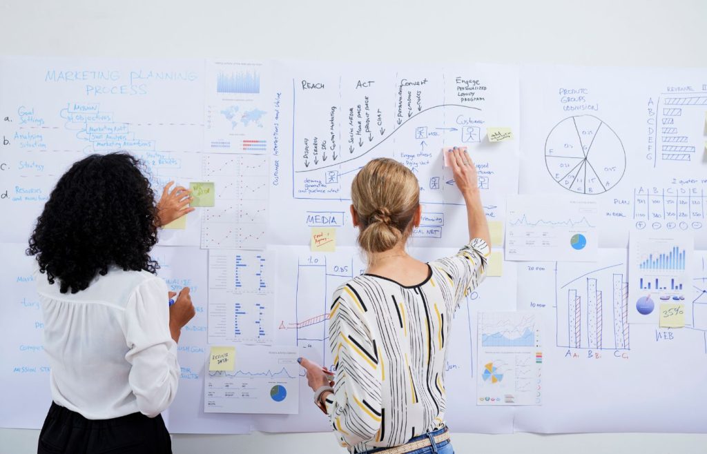 Two women collaborating on a wall filled with marketing strategy notes, graphs, and diagrams