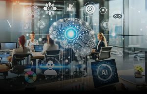 Business meeting with digital overlays of AI and neural network icons